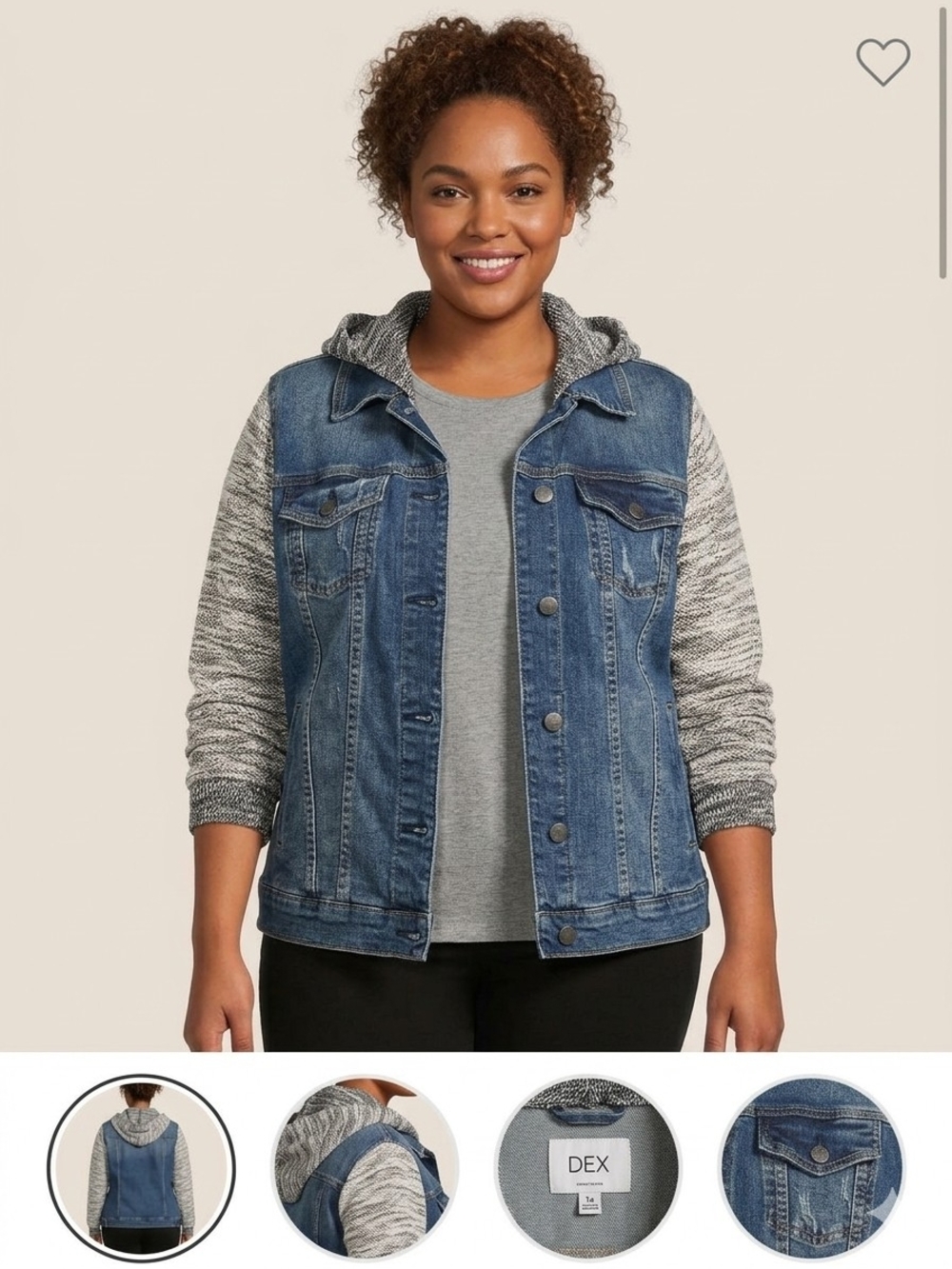 DEX Plus-Size Blue Denim Hooded Jacket with Gray Knit Sleeves